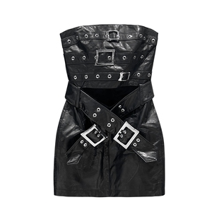 ANNAKIKI【宋雨琦/李芊语/BENI同款】黑色真皮绑带抹胸连衣裙