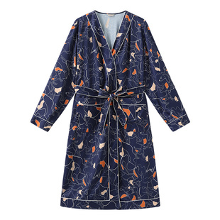 NoirTease春季薄款丝质睡袍女士印花中长款系带浴袍睡衣家居服