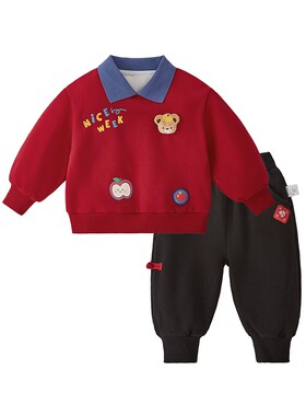 [抗菌锁温]男童春秋两件套2026周岁服儿童加绒男宝宝套装红色秋冬