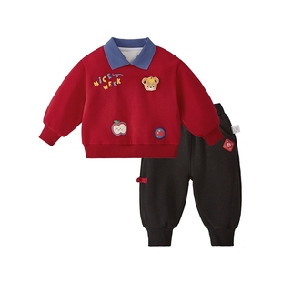 [抗菌锁温]男童新年两件套2026拜年服儿童加绒男宝宝套装红色秋冬