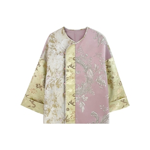 JKJS【锦堂春】拼色提花对襟夹棉外套秋冬国风女装加厚新中式棉衣