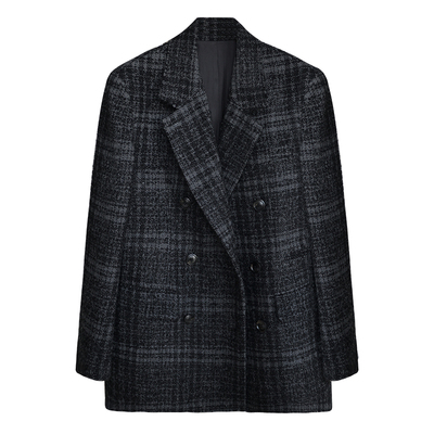 因由 经典老钱格子进口高品质羊毛黑灰色廓形秋冬宽松西装外套女