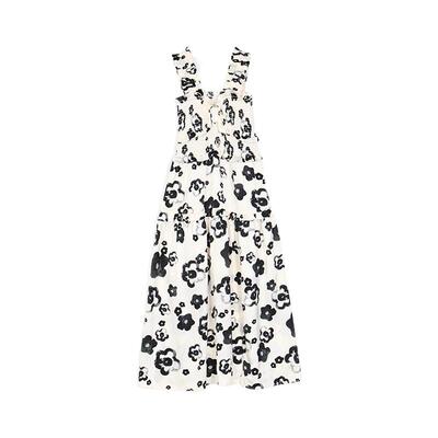 西町村屋法式水墨花朵抽褶吊带裙