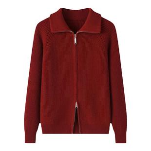 潮流时尚~100山羊绒翻领双拉链元宝针加厚开衫秋季外套女毛衣