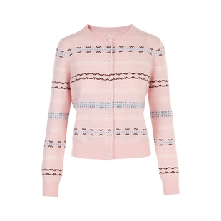 朗姿集团LIME莱茵针织羊毛混纺开衫淡粉珍珠扣提花复古简约25冬新