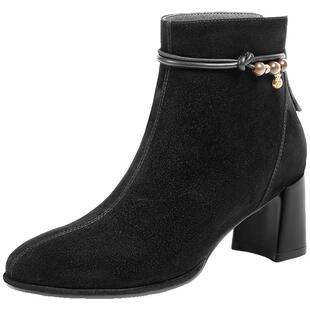 百丽显瘦超软羊皮时装靴新款棉鞋粗高跟气质加绒低筒短靴E8K1DDD5