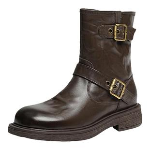 红蜻蜓西部短靴女秋冬新款巨好看鞋子真皮棕色女鞋复古美拉德靴子