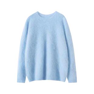 奶蓝色拉毛羊绒毛衣女秋冬2025新款宽松慵懒高级感软糯羊毛打底衫