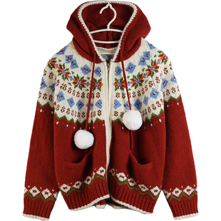 费尔岛复古红色开衫毛衣外套本命年服初中生女孩连帽针织衫秋冬装