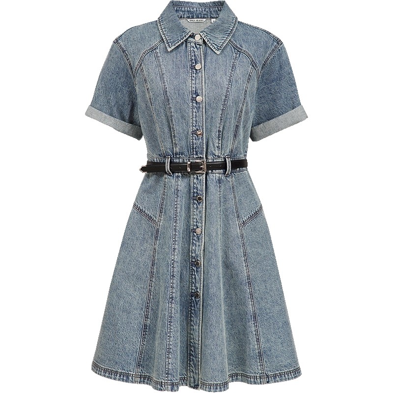 ONLY2026春季新款纯棉丹宁风翻领短袖腰带收腰短裙牛仔连衣裙女