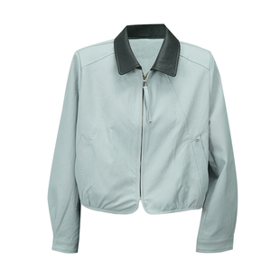 小个子翻领短款外套女2026春季新款撞色拼接皮领百搭个性显瘦夹克