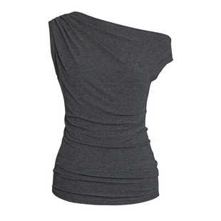 LEONSENSE力上司 斜肩抽褶弹力修身上衣背心深灰色百搭夏日新品