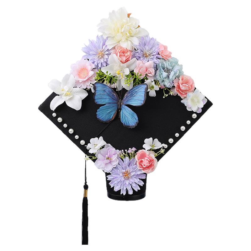 成品簪花學(xué)士帽碩士大學(xué)生畢業(yè)拍照頭飾仿真花寫真道具新中式發(fā)飾