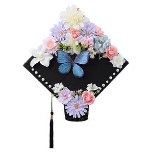 成品簪花学士帽硕士大学生毕业拍照头饰仿真花写真道具新中式发饰