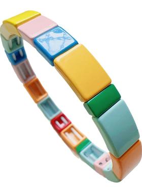 MLGM原创小众波西米亚彩虹糖果色合金手链 个性春夏新款方块手串