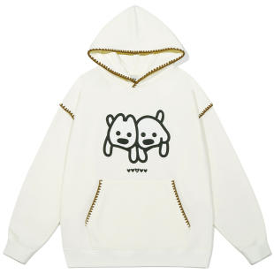GUUKA&matsui联名小狗白色加绒卫衣女款落肩贝壳绣重磅纯棉连帽衫