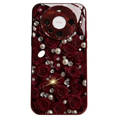 酒红色玫瑰花珍珠适用华为mate60pro手机壳新品高级感mate70pro网红爆款手机壳mate80好看的外壳保护套女生