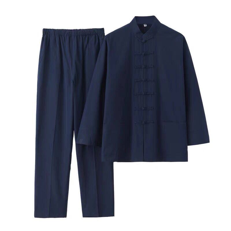纯棉唐装男长袖套装中式复古汉服中老年宽松禅修居士服休闲中国风