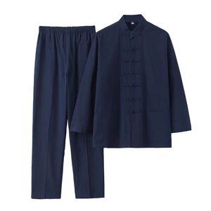 纯棉唐装男长袖套装中式复古汉服中老年宽松禅修居士服休闲中国风