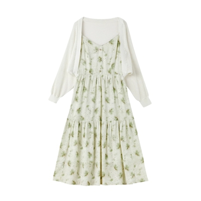 秋水伊人碎花连衣裙套装女2025秋装新款印花吊带裙长袖开衫两件套