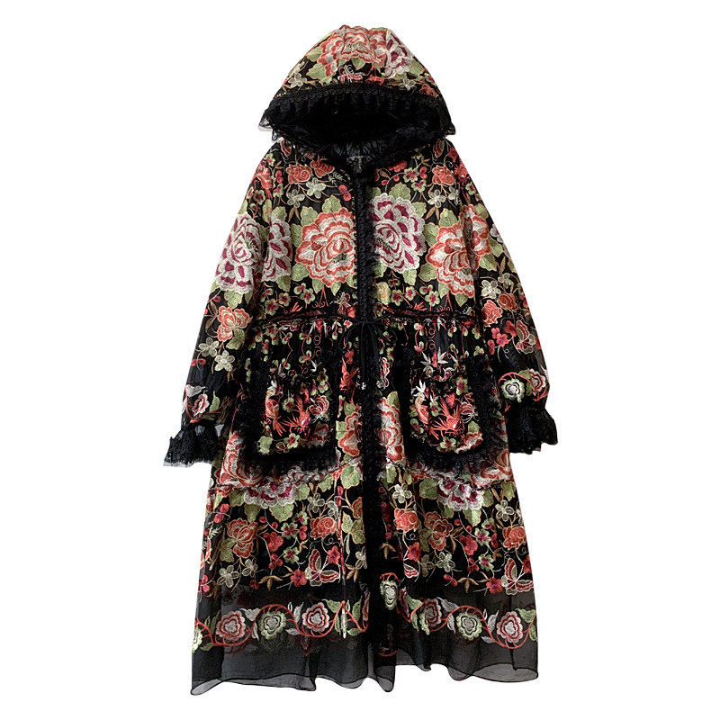 桑蚕丝棉服女小个子时尚百搭黑色重工刺绣连帽中长款保暖棉衣外套