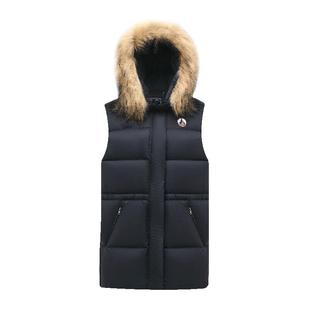 JOTT女士中长款羽绒马甲休闲百搭时尚保暖羽绒服女款连帽毛领马夹