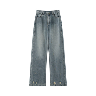 【见青】复古水洗做旧磨破长绒棉高腰显瘦随性直筒拖地牛仔裤-481