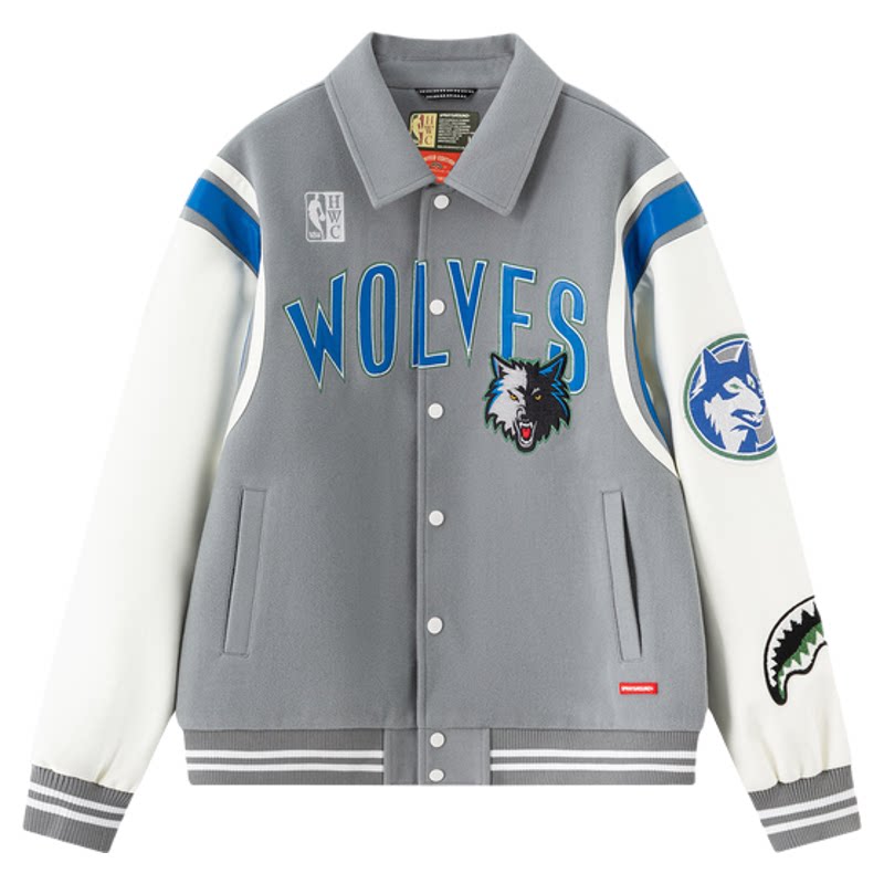 SPRAYGROUND | NBA HWC联名系列 森林狼队灰白拼色棒球夹克外套