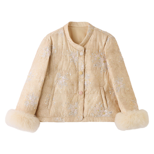 国风重工刺绣亮片羽绒服女2025年冬季新中式高级感狐狸毛袖口外套