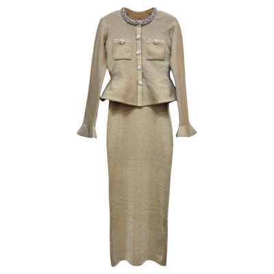 贵妇名媛小香风金色针织连衣裙