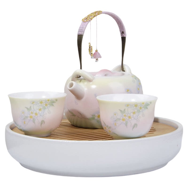 酒店同款粉色樱花提梁壶功夫茶具