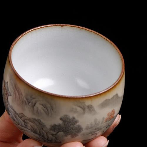 高档皇家雅致景德镇汝窑黄釉纯手工手绘罗汉杯大号茶碗功夫茶杯主