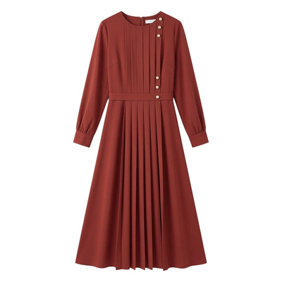 优雅长袖收腰显瘦百褶连衣裙女