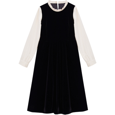 DM100拼接花边丝绒打底连衣裙