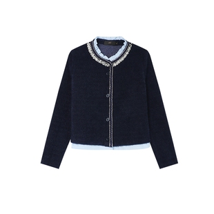 白鹿语钉珠花边领针织开衫25冬款优雅名媛风单排扣针织外套女