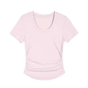 pusumede 基础款U领短袖t恤女修身气质百搭正肩收腰短款针织上衣