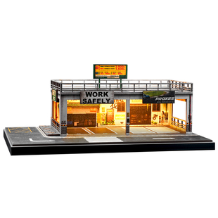收藏家1:64双层停车工坊带灯光微缩场景模型仿真城市街景桌面装饰