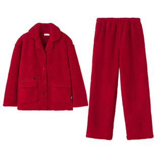 妮狄娅冬季珊瑚绒婚庆睡衣女保暖长袖男开衫红色本命年家居服套装