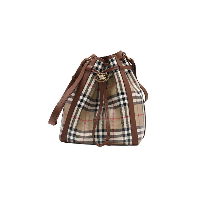 【自营】BURBERRY/博柏利女士格纹抽绳棉质水桶包单肩斜挎包小号