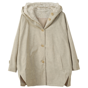 甜美蕾丝假两件收腰斗篷风衣胖莹莹大码女装春季休闲连帽长款外套