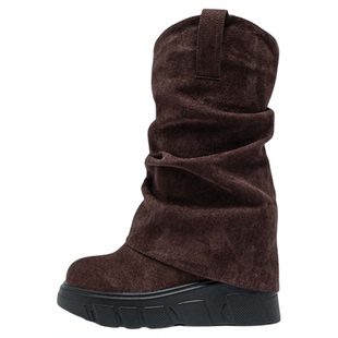 美拉德堆堆靴女2025年秋冬新款厚底内增高10cm不规则中筒靴子百搭