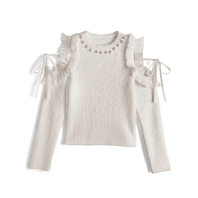 清楚系蝴蝶结露肩毛绒上衣