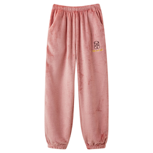 芬腾可安珊瑚绒睡裤女长裤冬季加绒加厚法兰绒大码桔色家居裤冬天