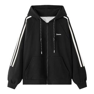 东京岁时记jk开衫开春新款刺绣连帽卫衣黑色拉链款宽松撞色外套女