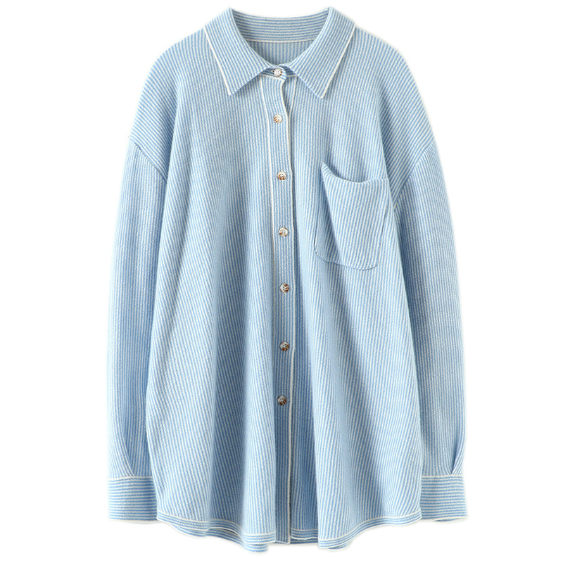 一眼看中！品味BI入！羊绒衫减龄蓝白条纹衬衫羊绒毛衣女宽松开衫
