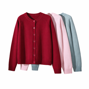 不起球100%纯棉针织开衫女士上衣圆领厚实毛衣宽松外套酒红色显白