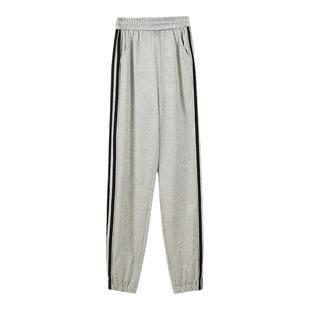 白色运动裤女高个子加长版春秋束脚裤冬季加绒休闲裤子三条杠卫裤