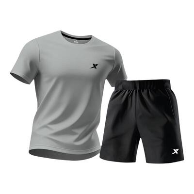 特步跑步套装男夏季灰色官方旗舰店正品羽毛球运动服速干短袖短裤