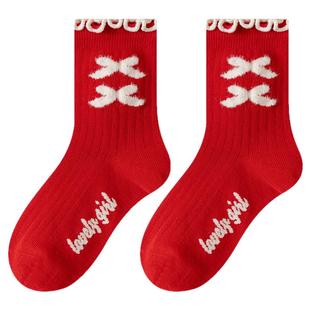 红袜子女童冬款红色棉袜儿童纯棉马年新年本命年女孩中长筒袜12岁