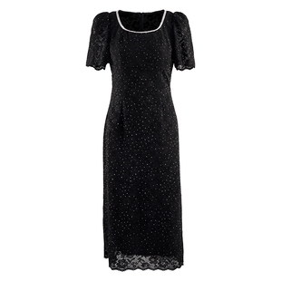 马天奴2026春夏新款黑色蕾丝方领短袖修身连衣裙子长裙气质时尚女